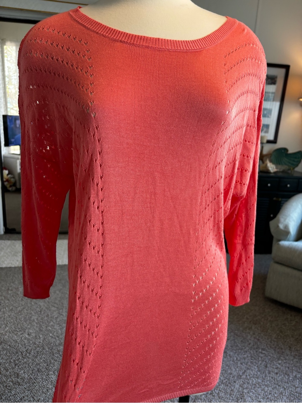 Lightweight Coral Open-Stitch Scoop Neck Sweater